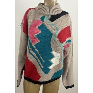 Vintage 80s Adam French Chunky Knit Acrylic Sweater Geometric Padded Shoulders